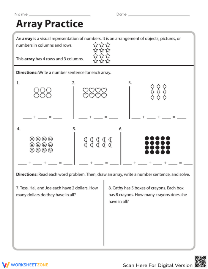 Array Practice Worksheet 23: Describing Arrays and Writing Repeated Addition Equations Second grade students practicing array multiplication with repeated addition number sentences and word problems