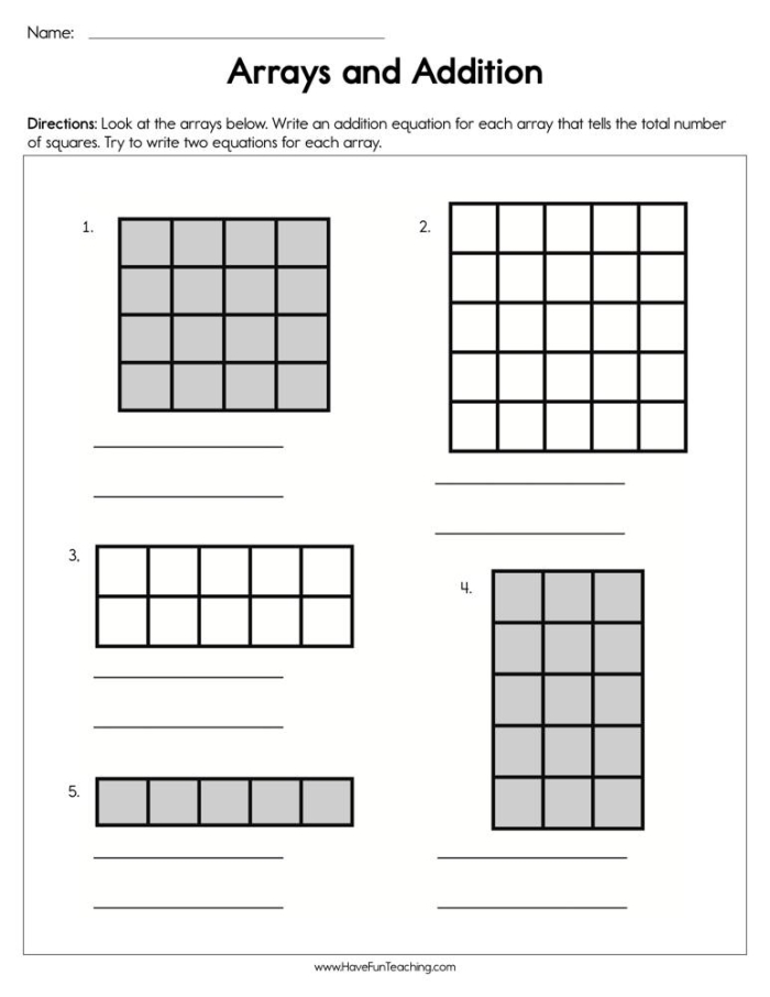 Array Practice Worksheet 21 Multiplication Repeated Addition Exercise Second grade multiplication worksheet focusing on identifying arrays through repeated addition and word problems
