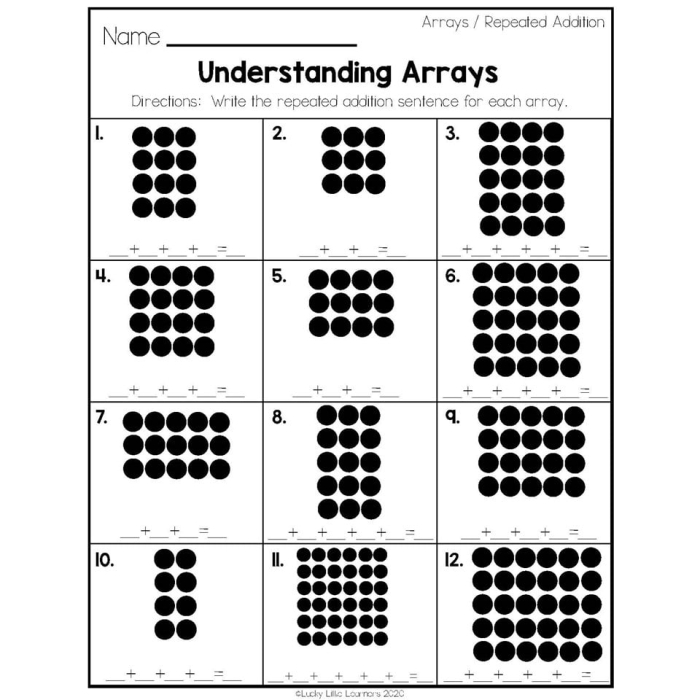Array Practice Worksheet 2 for Learning Multiplication Through Repeated Addition Second grade students practicing array multiplication with repeated addition number sentences and word problems on a worksheet