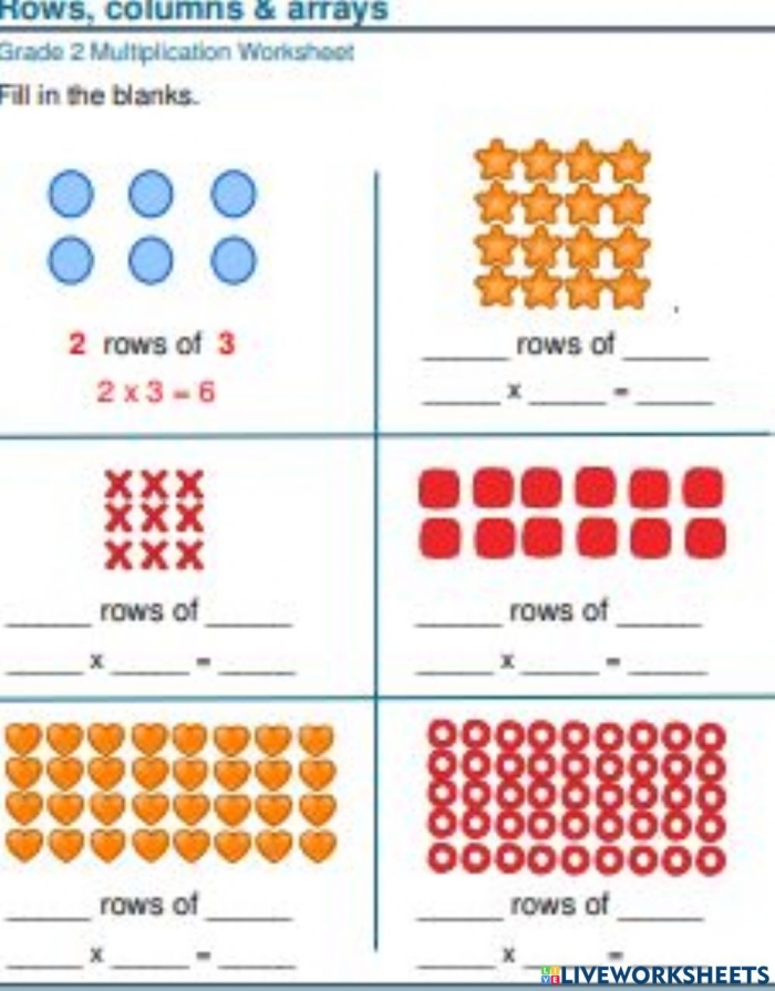 Array Practice Worksheet for Second Grade Multiplication Second grade math worksheet featuring repeated addition exercises for multiplication arrays