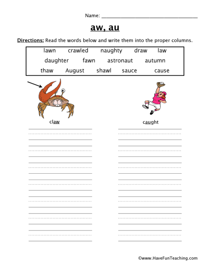 Children practicing vowel diphthongs with the AU worksheet for second graders