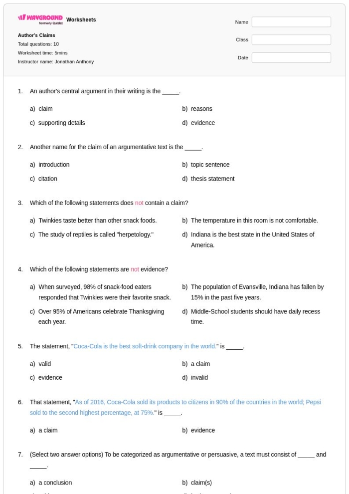 Second grade worksheet showing a graphic organizer for identifying an author's claim, reasons, and evidence from nonfiction texts with spaces for main point and supporting details
