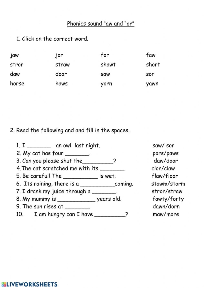 Aw and Ow Sound Check-in Worksheet for Second Grade Phonics Assessment Second grade phonics worksheet focusing on distinguishing between aw and ow vowel team spellings