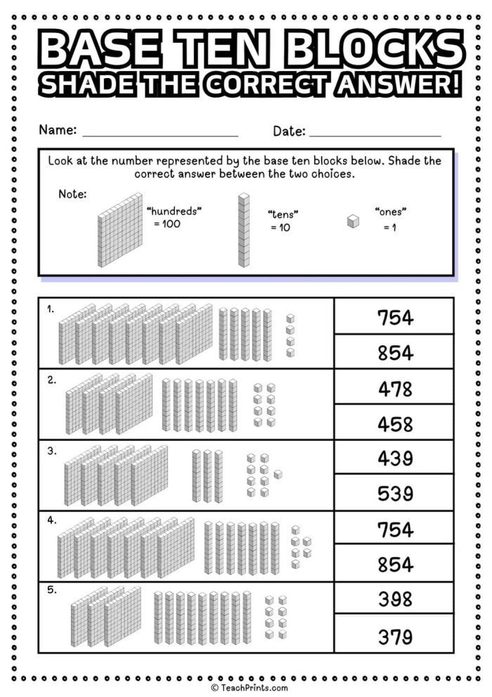 Second grade student working on a mixed operations math activity using base 10 blocks