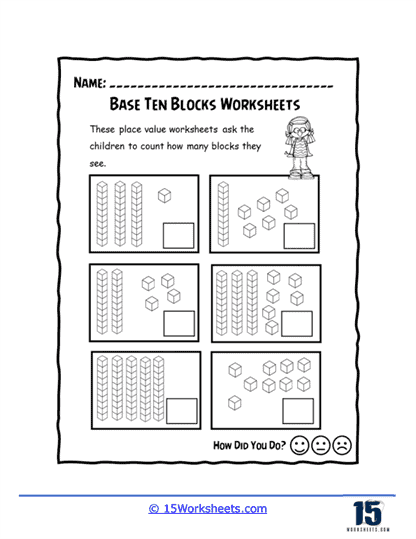 Second grade student working on a mixed operations math worksheet featuring base 10 blocks