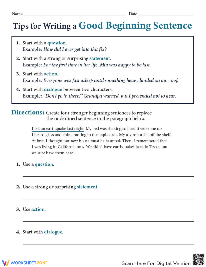 Tips for Writing a Good Beginning Sentence Worksheet for Second Grade Writing Practice Second grade students learning how to write engaging opening sentences on a worksheet
