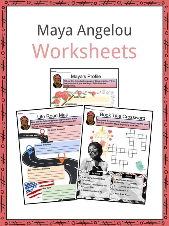 Children engaging with a Maya Angelou worksheet about her life and achievements. Historical Heroes: Maya Angelou educational worksheet for second graders.