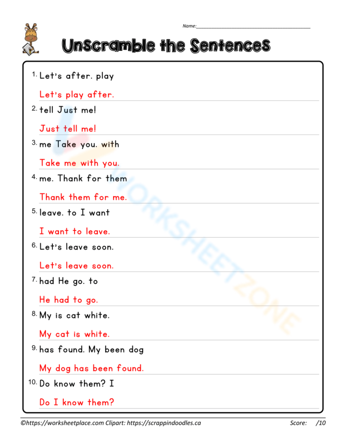 Colorful worksheet featuring scrambled sentences about crazy cakes for second-grade students