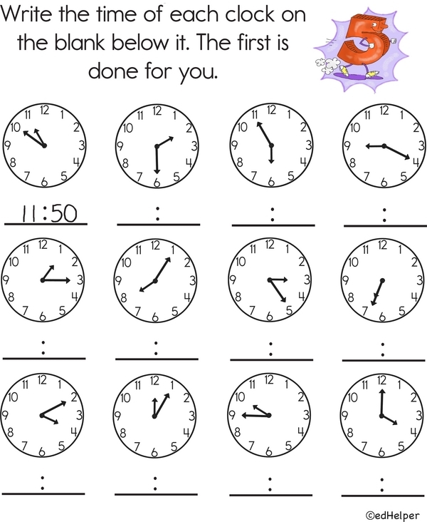 Second grade student working on a Telling Time to Five Minutes math worksheet page 9