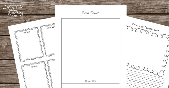 Second grade student completing a colorful book report worksheet with sections for title, author, and favorite parts