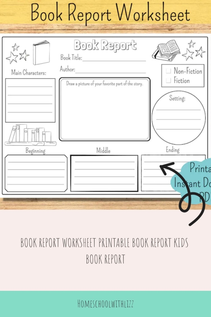 Second grade student completing a colorful book report worksheet with sections for title, author, and favorite parts