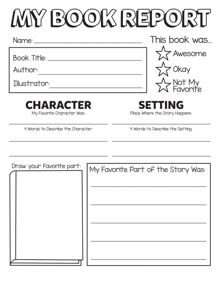 A second grade student's book report worksheet with spaces to write the book title, author, and favorite parts of the story