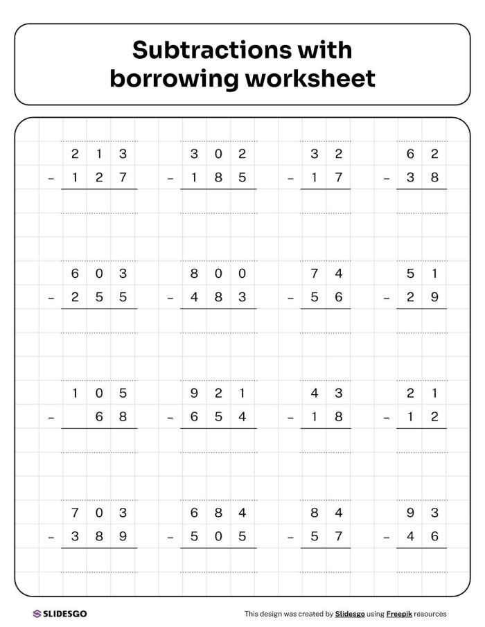 Second grade worksheet illustrating borrowing in two-digit subtraction problems