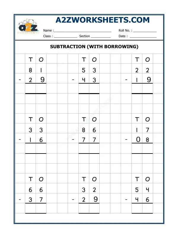 Worksheet demonstrating borrowing in two-digit subtraction for second graders