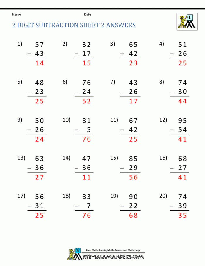 Second grade math worksheet featuring two-digit subtraction problems that require borrowing