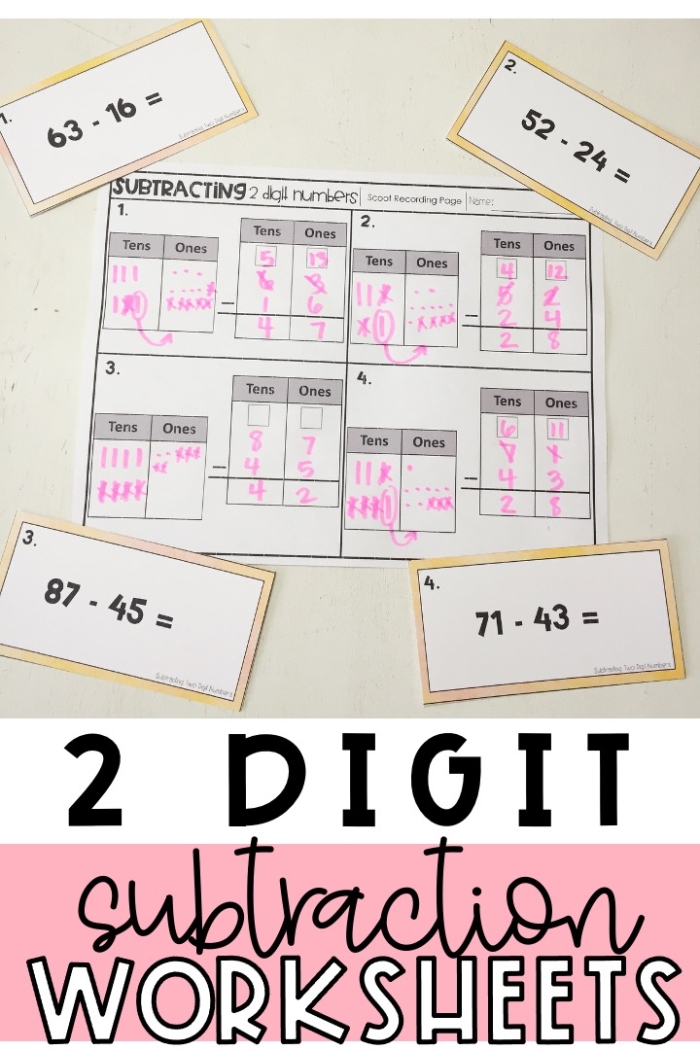 Second grade math worksheet featuring two-digit subtraction problems with borrowing practice
