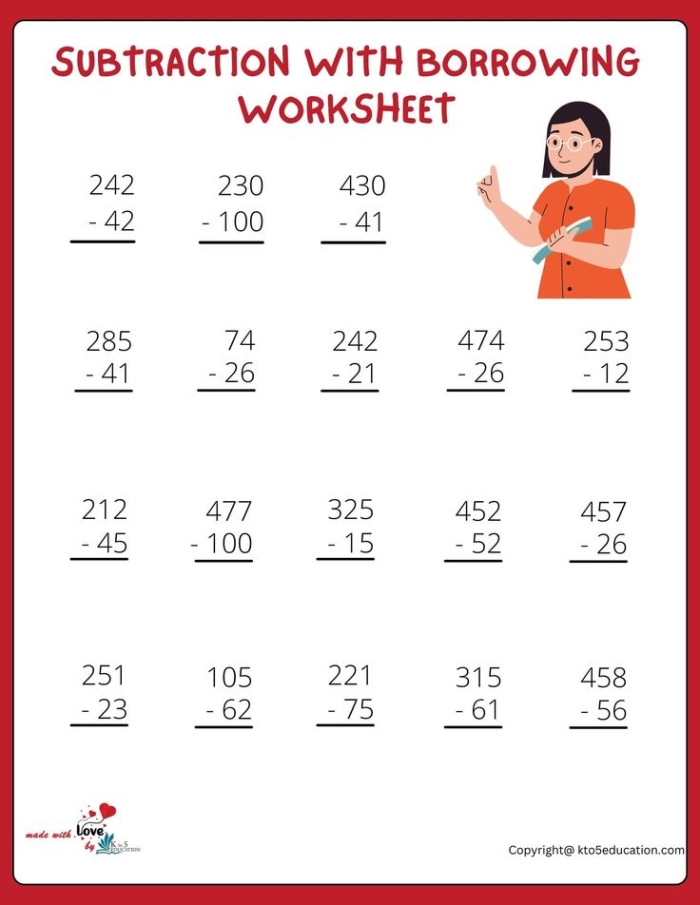 A colorful worksheet designed for second graders to practice borrowing in two-digit subtraction