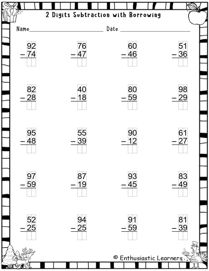 Worksheet featuring borrowing in two-digit subtraction for second graders