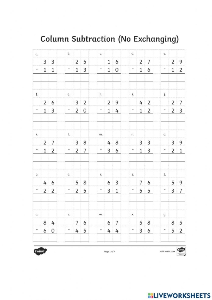 Second grade subtraction worksheet featuring borrowing concepts for two-digit problems