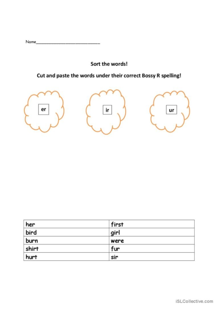 Bossy R Sort worksheet for second graders focusing on word categorization Second grade students sorting words with the Bossy R sound in a worksheet
