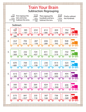 Three-Digit Subtraction with Regrouping Practice Worksheet for Grade 2 Number 20 Second grade math worksheet featuring three-digit subtraction problems with regrouping and fun bouncy ball illustrations