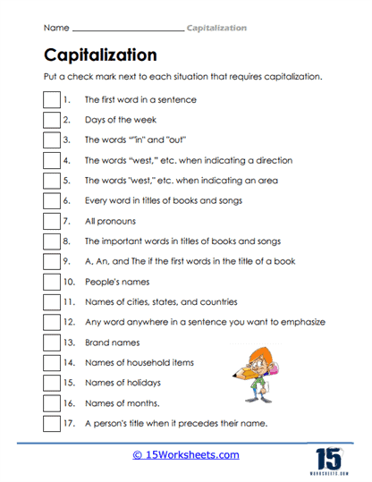 Capitalization rules practice sheet for second grade students Worksheet for practicing capitalization rules in sentences for second graders