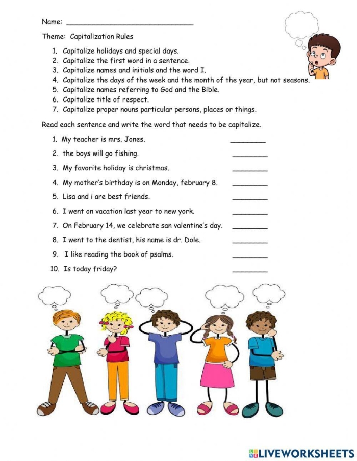 Engaging activity to improve capitalization skills in young learners Worksheet for practicing capitalization rules in sentences for second graders