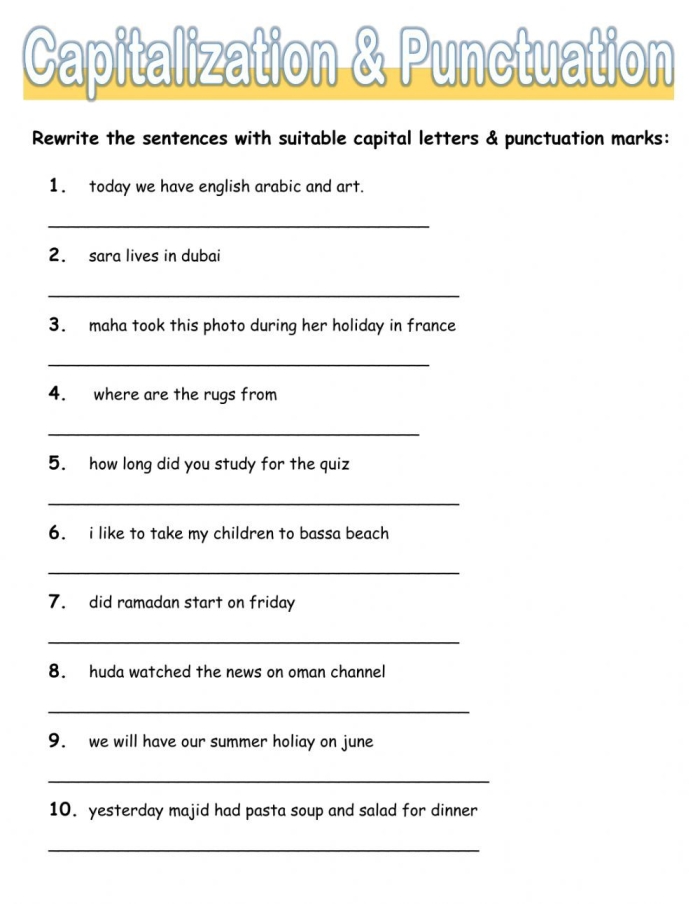 Capitalization rules exercise for second grade students Worksheet for practicing capitalization rules in sentences for second graders