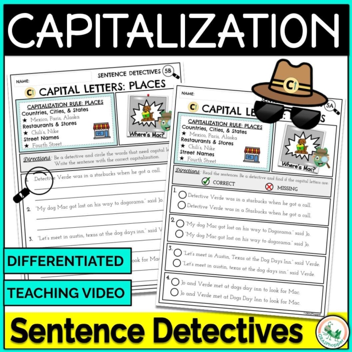 Visual guide to correcting capitalization in a short paragraph for grade 2 students Worksheet for second graders focusing on capitalization rules in sentences