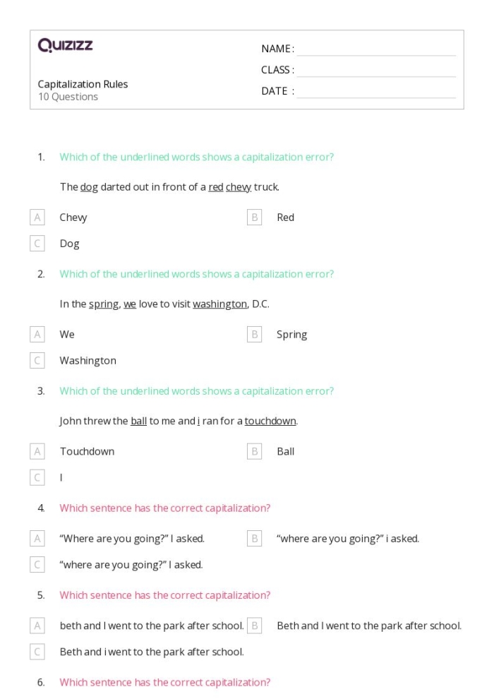 educational resource for improving sentence capitalization skills in geometry contexts worksheet for second graders focusing on capitalization rules with corrections highlighted