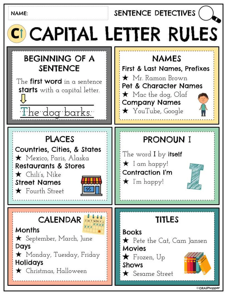 Educational image illustrating capitalization correction for grade 2 students Worksheet activity for second graders focusing on capitalization rules in sentences