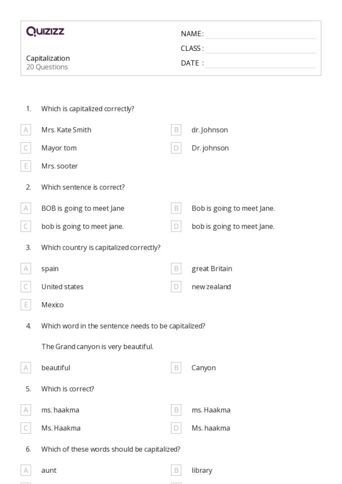 Capitalization Rules: Sentences worksheet for second grade students Worksheet helping second graders learn capitalization rules in sentences
