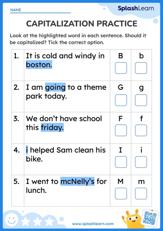 Educational image illustrating capitalization corrections for young learners Worksheet for second graders focusing on capitalization rules in sentences