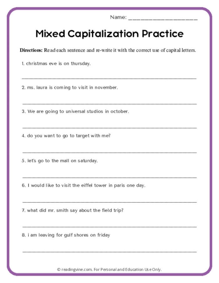 Interactive exercise to practice correcting capitalization in a short paragraph Worksheet for second graders focusing on capitalization rules in sentences