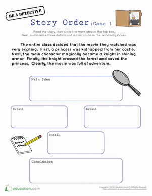 History worksheet for Second Grade Worksheet illustration for Story Order: Case 1 focused on a castle adventure movie for second graders. Engaging visual for the class to recall film details.