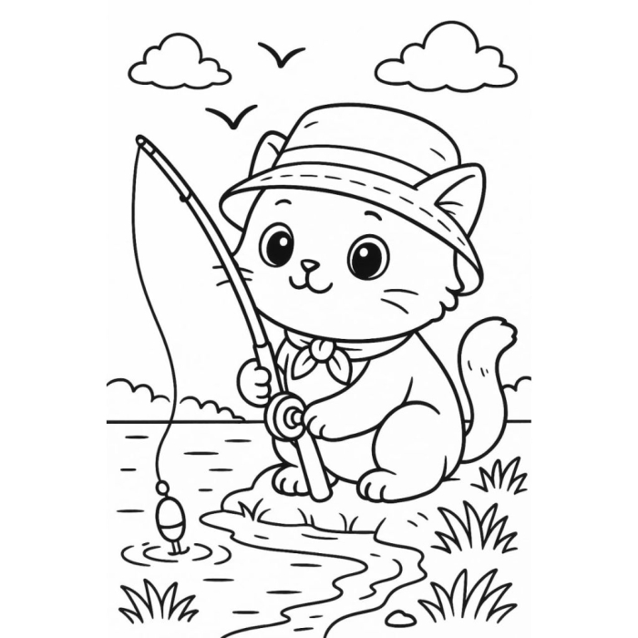 Coloring page featuring cats interacting with a Maneki-neko statue, symbolizing good luck