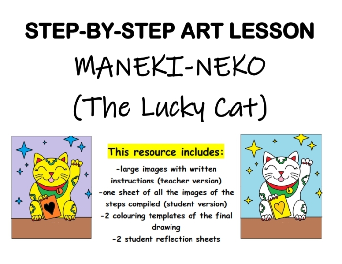 Coloring page featuring playful cats with a Maneki-neko statue, symbolizing good luck