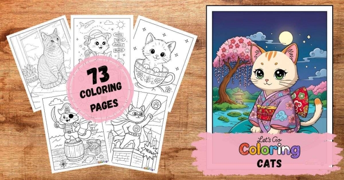 Coloring page featuring cats with a Maneki-neko statue, symbolizing good luck