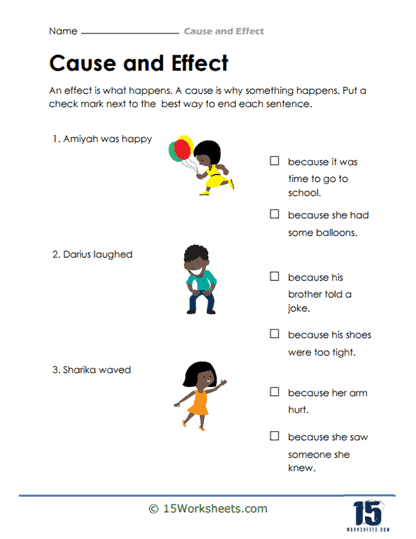 Identifying Cause and Effect worksheet for second graders to enhance reading comprehension skills