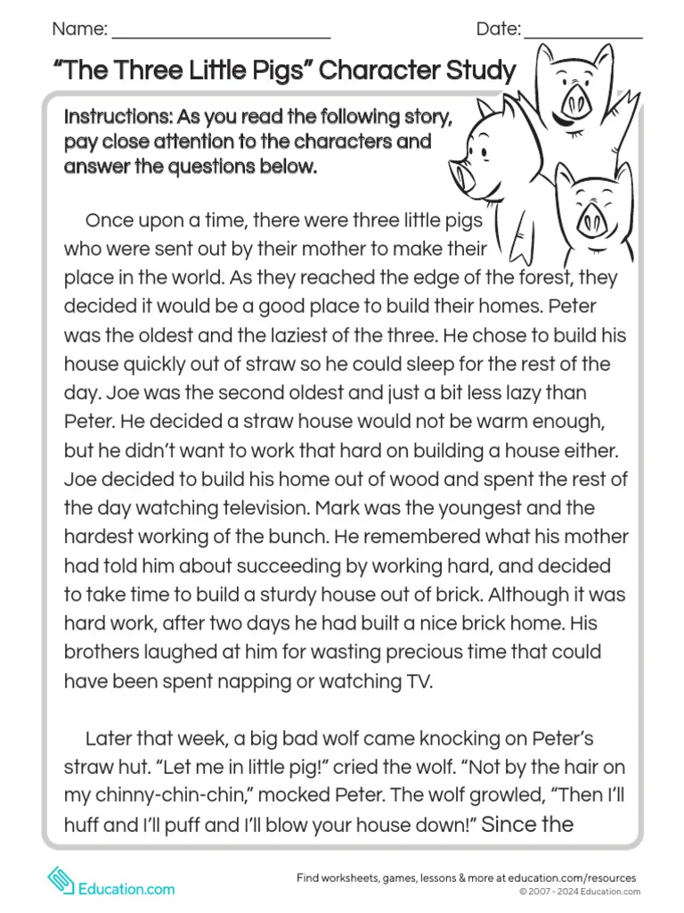 Character study worksheet for The Three Little Pigs focused on reading comprehension. Engaging activity for second graders exploring character roles and dynamics.