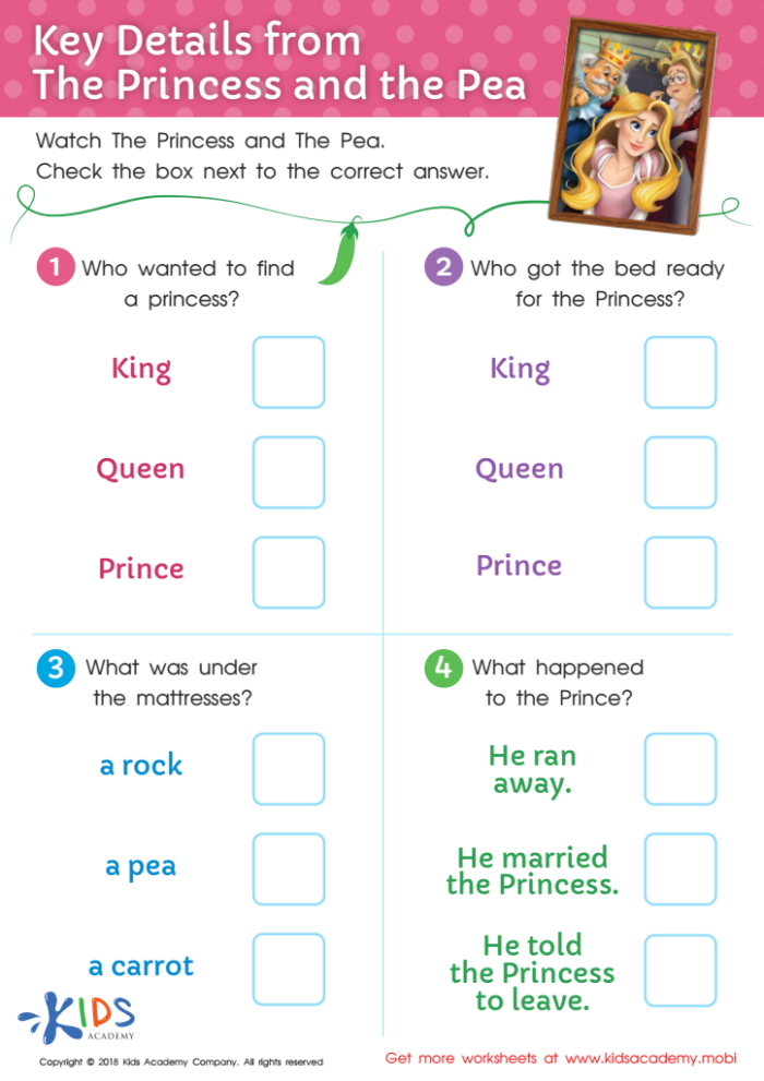 Worksheet image for character traits analysis in "The Princess and the Pea" for second graders A second-grade worksheet featuring "The Princess and the Pea" for analyzing character traits with a word bank