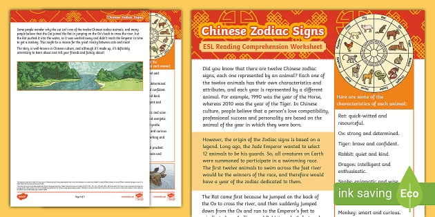 A second grade student reading a Chinese Zodiac folktale worksheet about how the zodiac animals originated, featuring colorful illustrations of the twelve animals