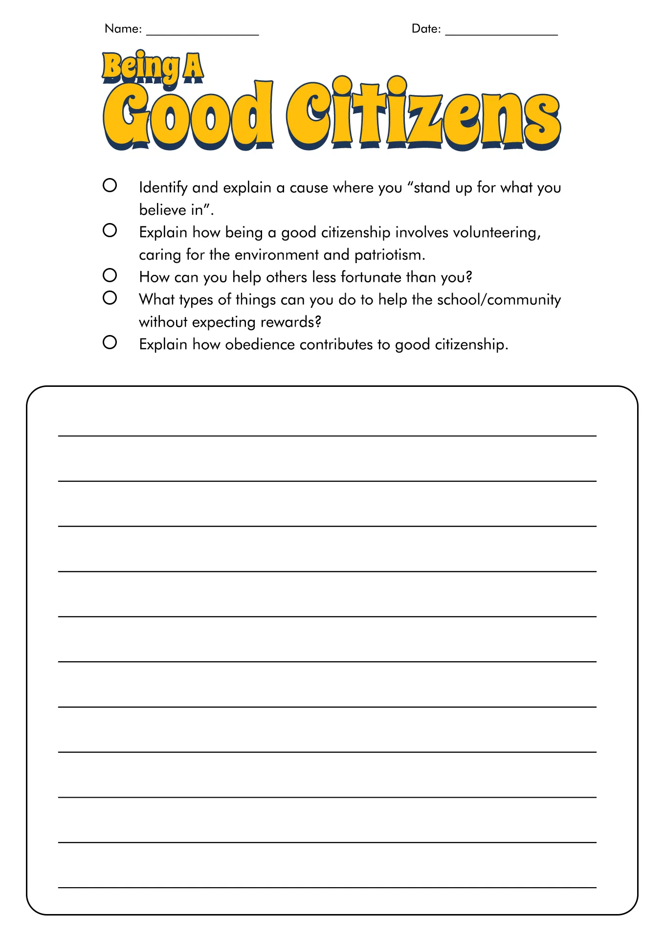 Second grade worksheet explaining civic responsibilities with examples like voting and helping others 16