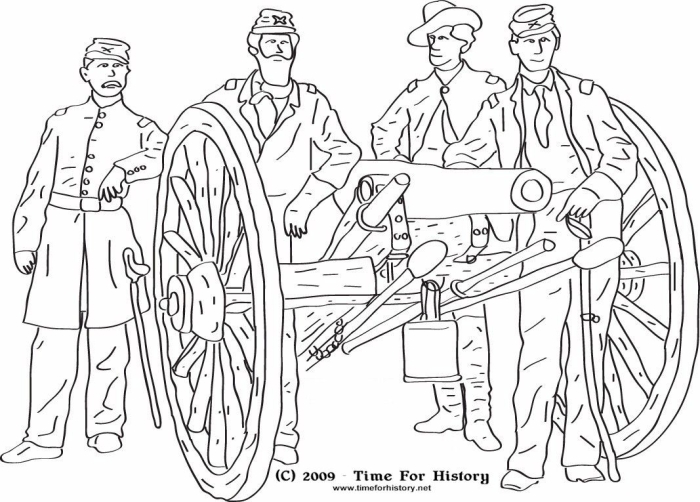 Civil War coloring page worksheet featuring soldiers from the Union and Confederate armies