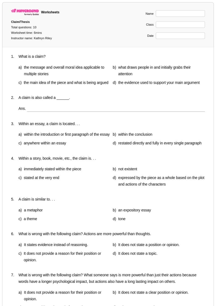 Second grade worksheet for identifying author claims reasons and supporting evidence in nonfiction texts