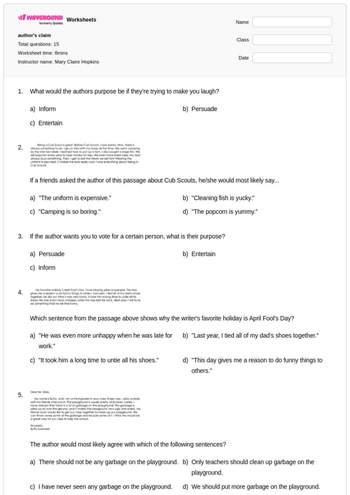 Second grade worksheet for identifying an author's claim, supporting reasons, and evidence in nonfiction text 22