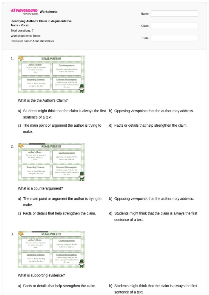 A second grade worksheet showing a graphic organizer with sections for identifying an author's claim, supporting reasons, and evidence from nonfiction texts