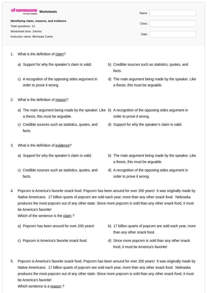Second grade students identify the author's claim, reasons, and evidence on this educational worksheet