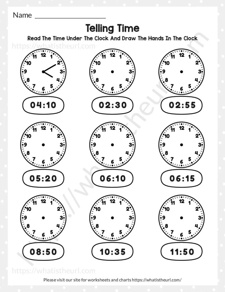 Children's worksheet for practicing time by drawing clock hands to match specified times