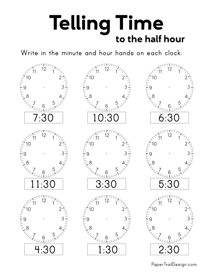 Worksheet for second graders to practice telling time by drawing clock hands to match given times